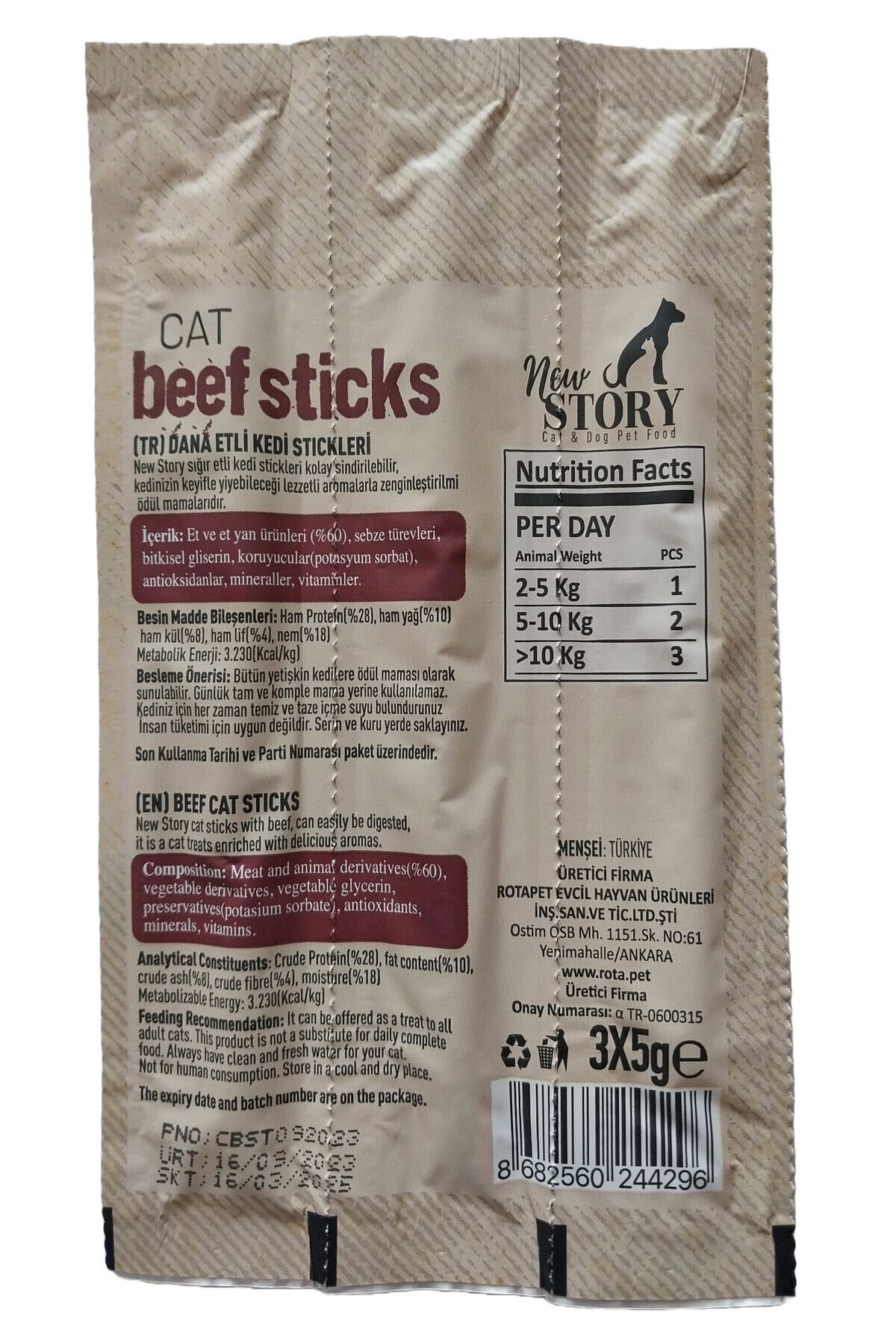 New Story Cat Beef Sticks Dana Etli Kedi Odul Cubuklari 3x5gr