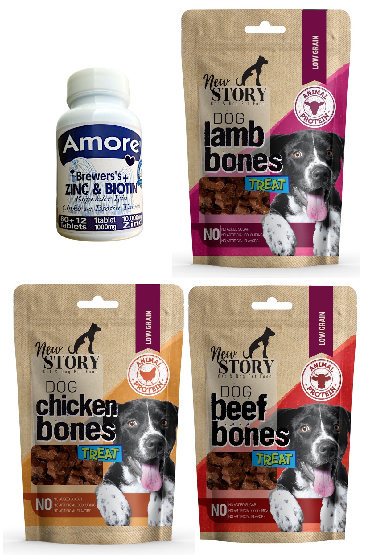 New Story Dog 3-Mix Bones 3x80gr Kopek Odul Mamasi, Amore Cinko Biyotin Extra Large Tablet 72li Tuy Dokumu