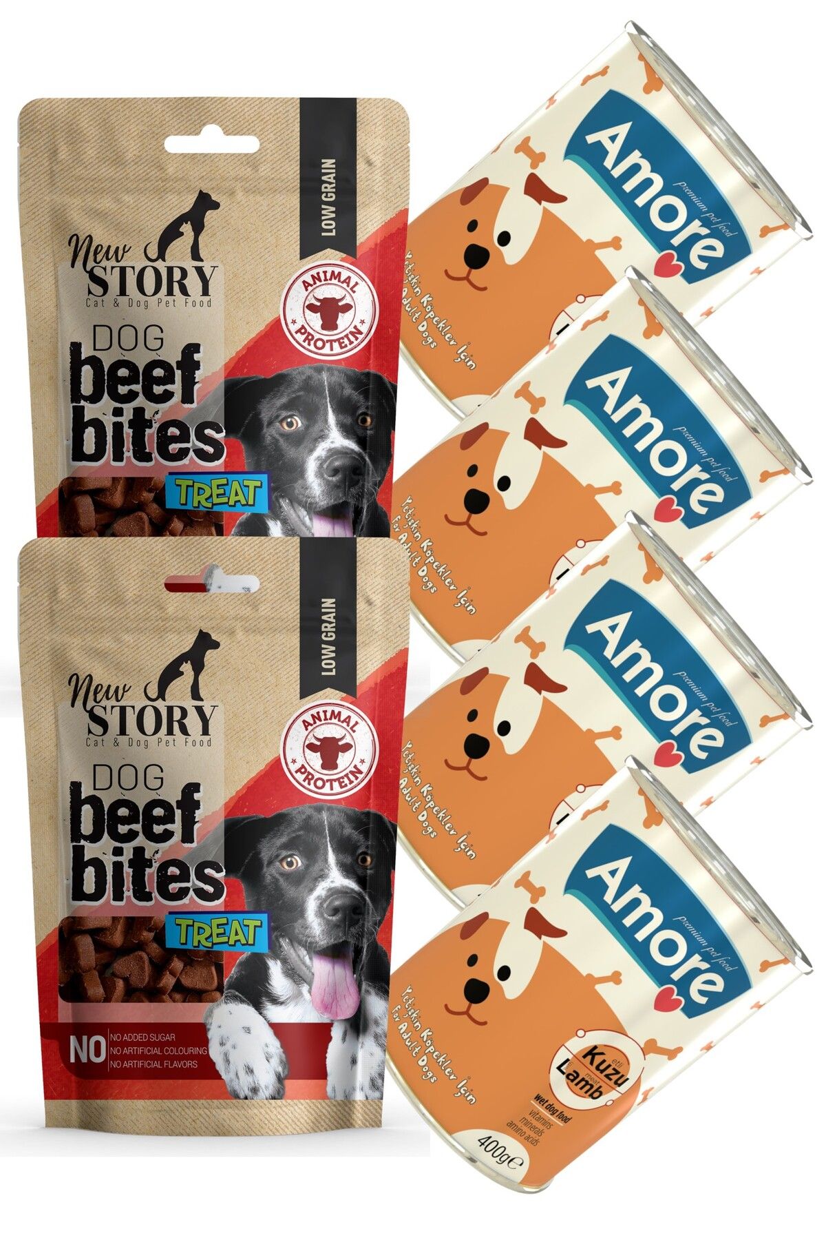 New Story Dog Beef Bites 2x80gr Kopek Taneli Odul Mamasi, 4 Kuzu Etli Yetiskin Konserve