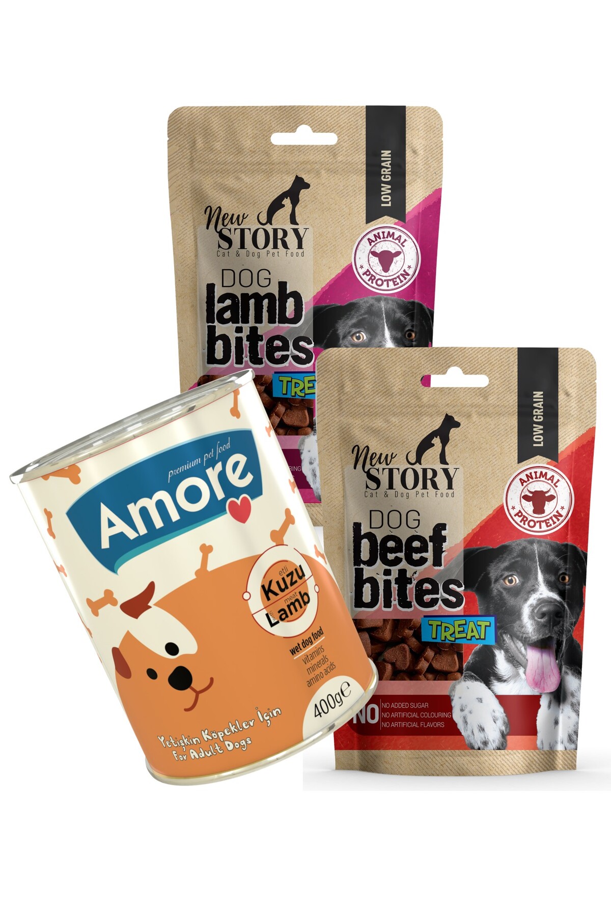 New Story Dog Lamb 80gr, Beef 80gr Bites Kopek Taneli Odul Mamasi, Amore Kuzu Etli Yetiskin Konserve