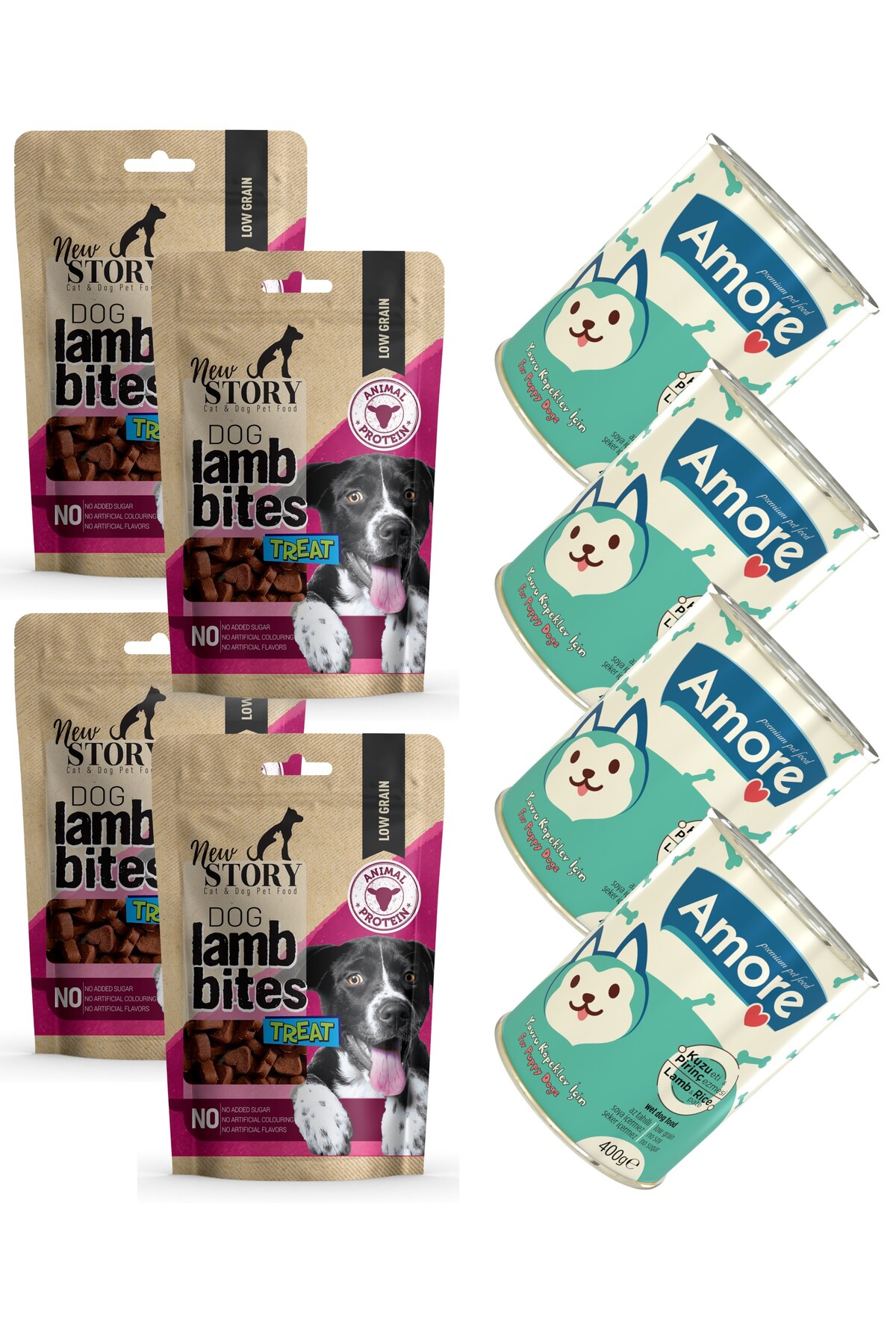 New Story Dog Lamb Bites Kopek Odul Mamasi 4x80gr, Amore Kuzu Etli Pirincli 4lu Yavru Konservesi