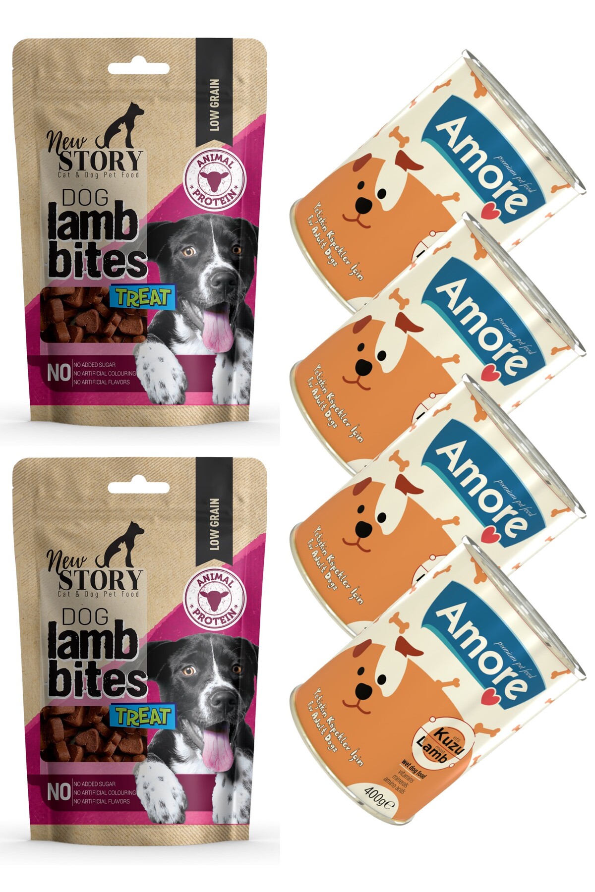 New Story Dog Lamb Bites Kopek Taneli Odul Mamasi 2x80gr, Amore Kuzu Etli Yetiskin 4-konserve