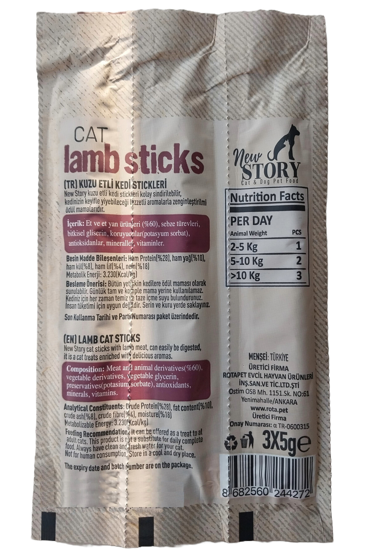 New Story Kuzu Etli 4 adet 3lu Kedi Odul Cubuklari, Cat Lamb Sticks, Motto Krill Sticks