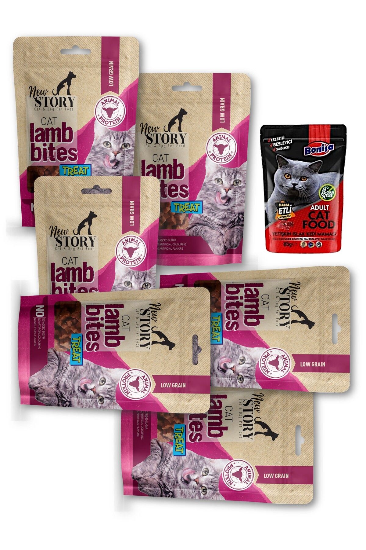 New Story Kuzu Etli 6lı Taneli Atıştırmalık Kedi Yumuşacık ödülü Cat-lamb-bites, 1-bonisa Punch Mama