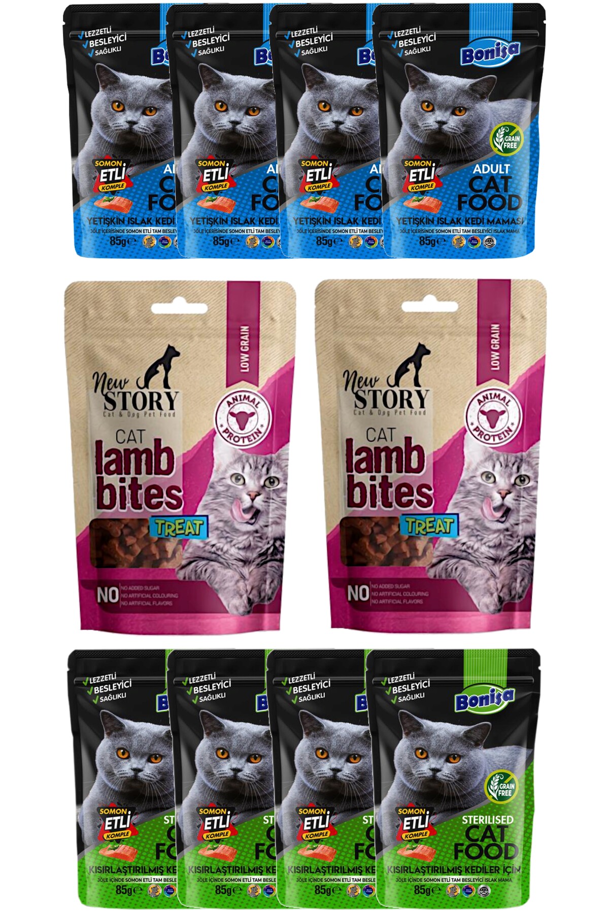 New Story Lamb Bites Atistirmalik Kalp Taneli Kedi Odulu 2x60gr, Yetiskin Punch Mama 8x85gr