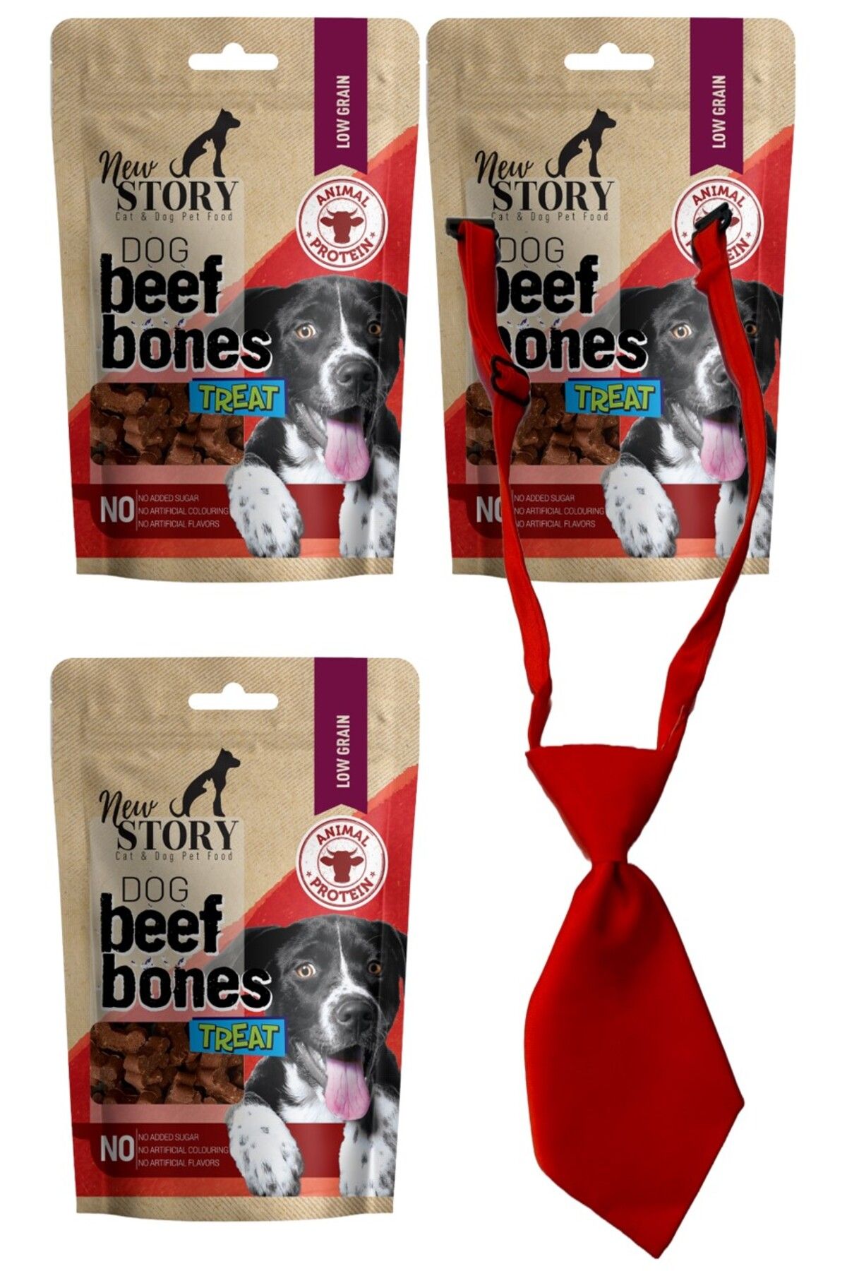 New Story Sığır Etli 3x80gr Yumuşacık Kemik Köpek ödül Maması Küçük ırk Kravat 10x4cm Kırmızı