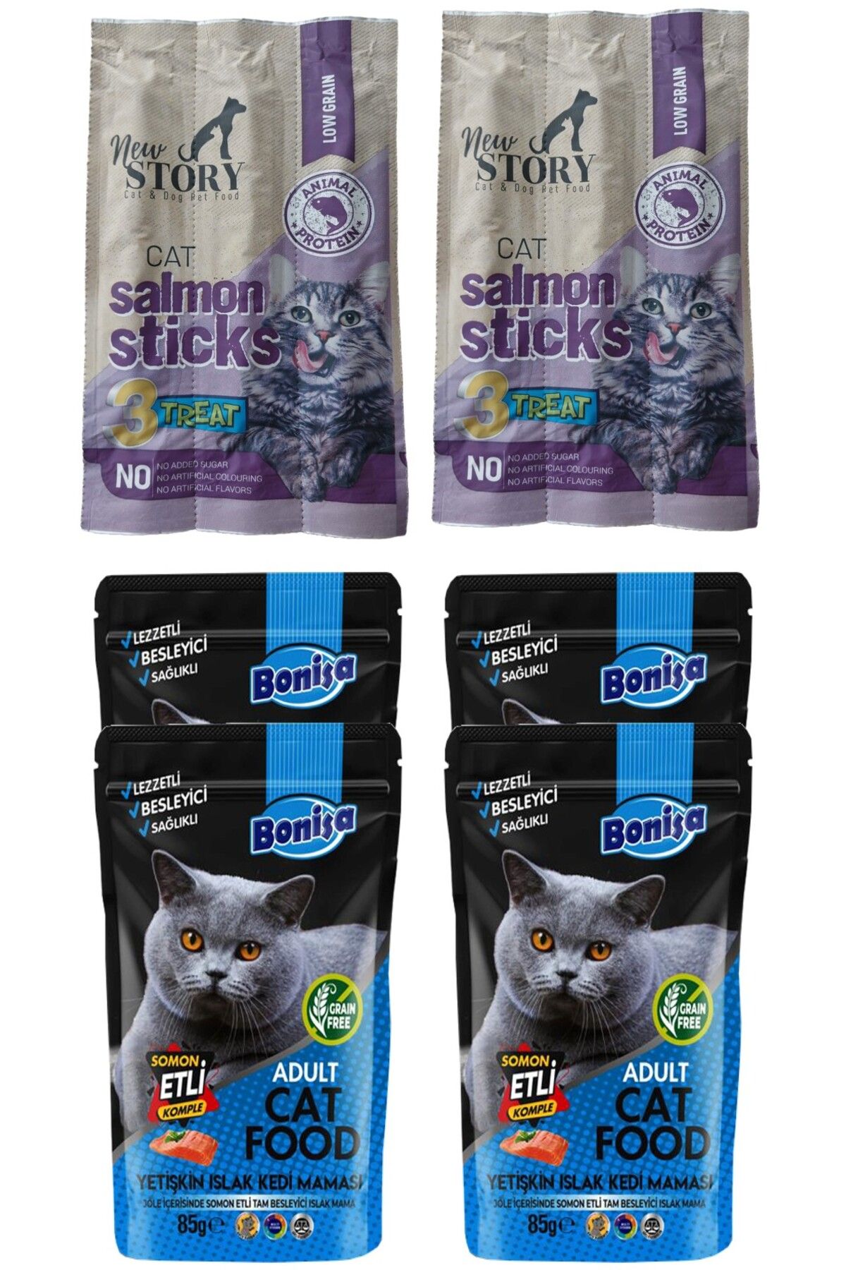 New Story Somonlu 2 Adet 3lü Kedi ödül çubuğu, Bonisa 4-cat-salmon-punch