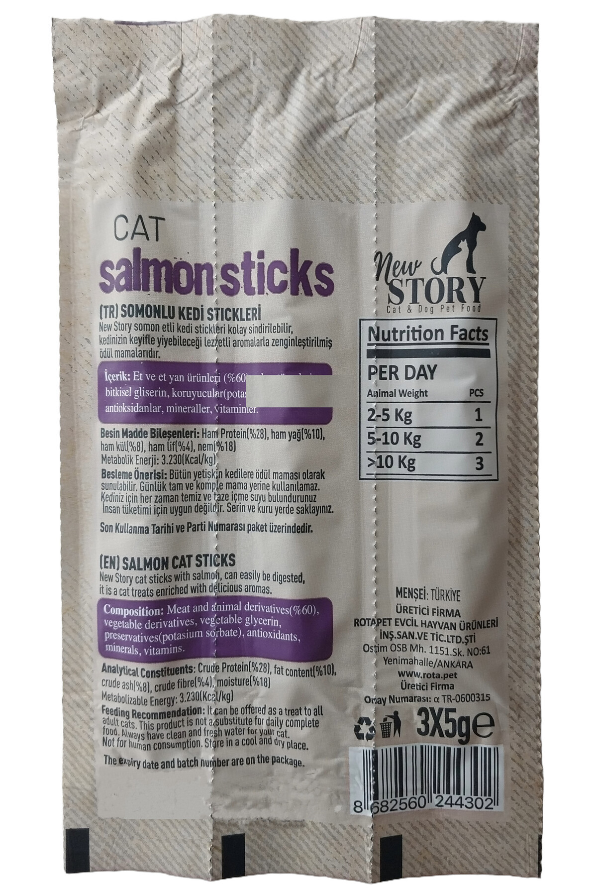 New Story Somonlu 5 adet 3lu Kedi Odul Cubuklari, Cat Salmon Sticks, Bonisa 4-Punch