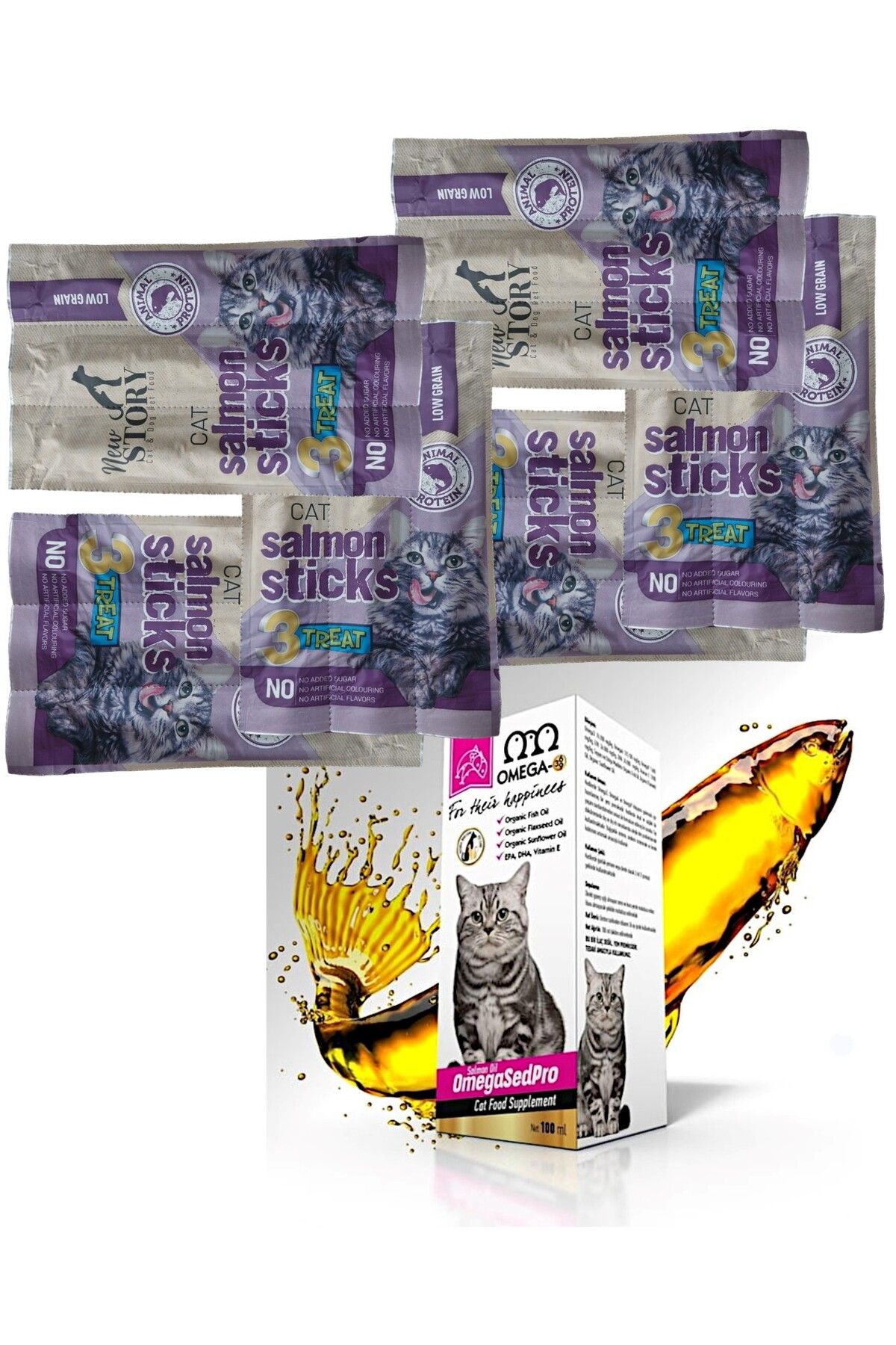 New Story Somonlu 6 Adet 3lü Kedi ödül çubuğu Cat Sticks Atıştırmalık, Sed-pro Somon Balık Yağı 100ml