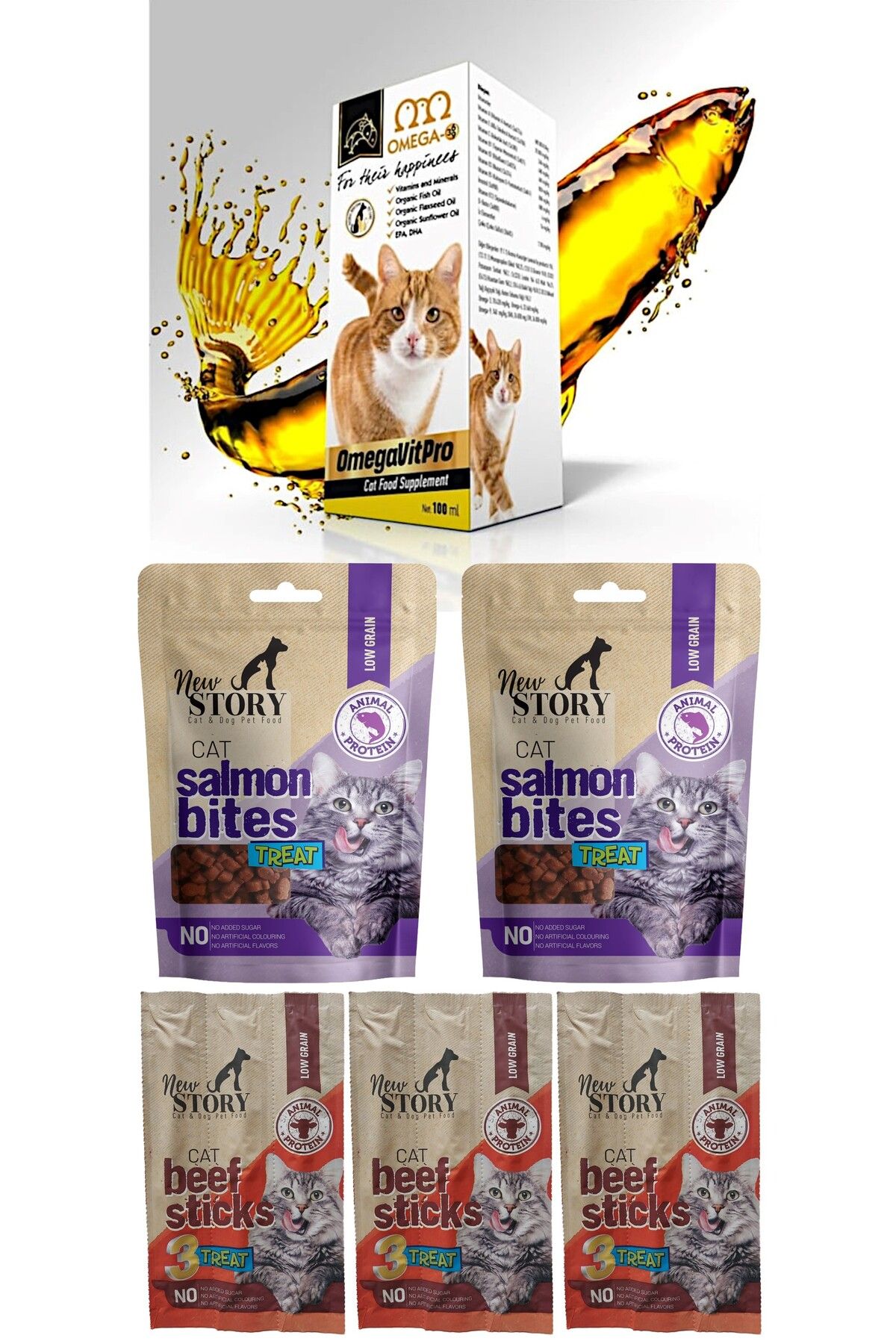 New Story Somonlu Atıştırmalık Taneli Yumuşacık 2-bites Kedi ödülü, 3-sticks, Somon Balık Yağı