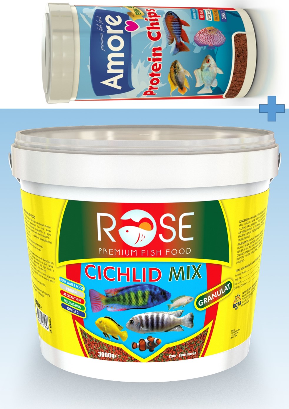 Rose Cichlid Mix 3 Kg Kova ve Amore Protein Pro Chips 250ml Kutu Akvaryum Balık Yemi