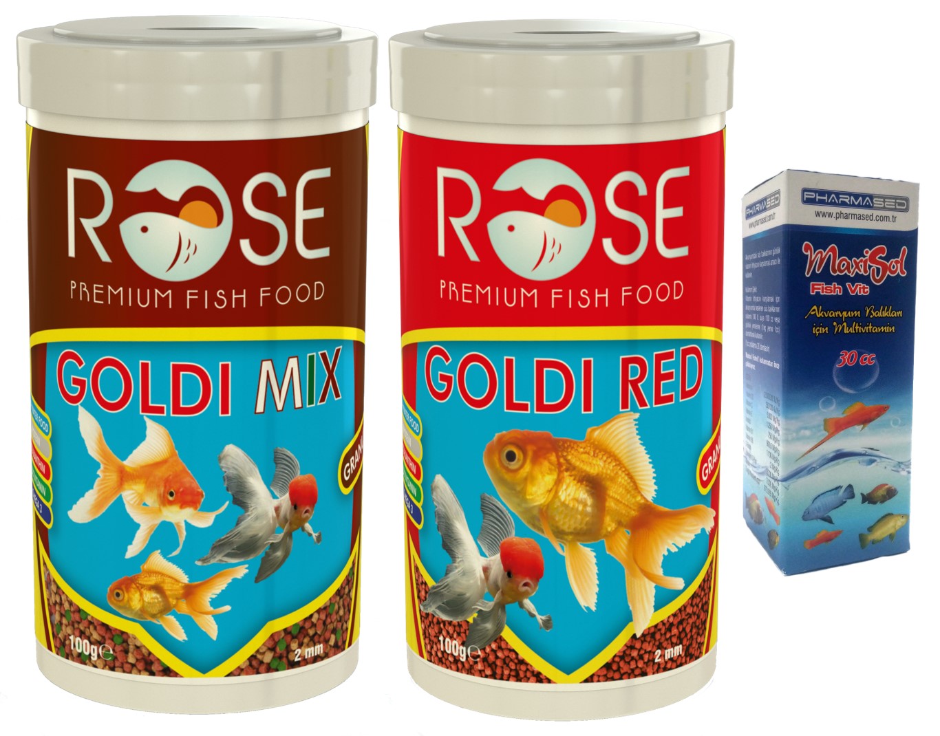 Rose Japon Balığı Yemi ve Vitamin Seti 2 adet 250 ml, Goldi Mix ve Goldi Red