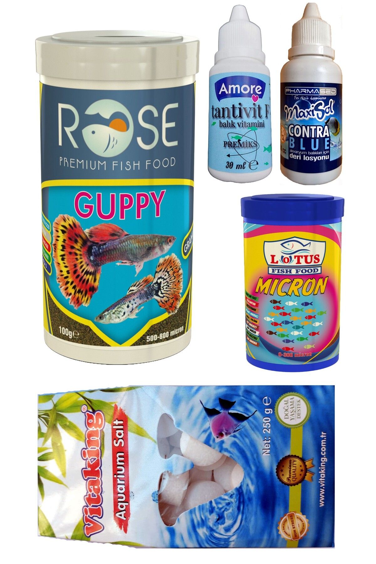 Rose Tetra-melek-lepistes-moli 5li Balık Yemi Seti,guppy Granulat 250ml,kaya Tuzu,micron Yavru