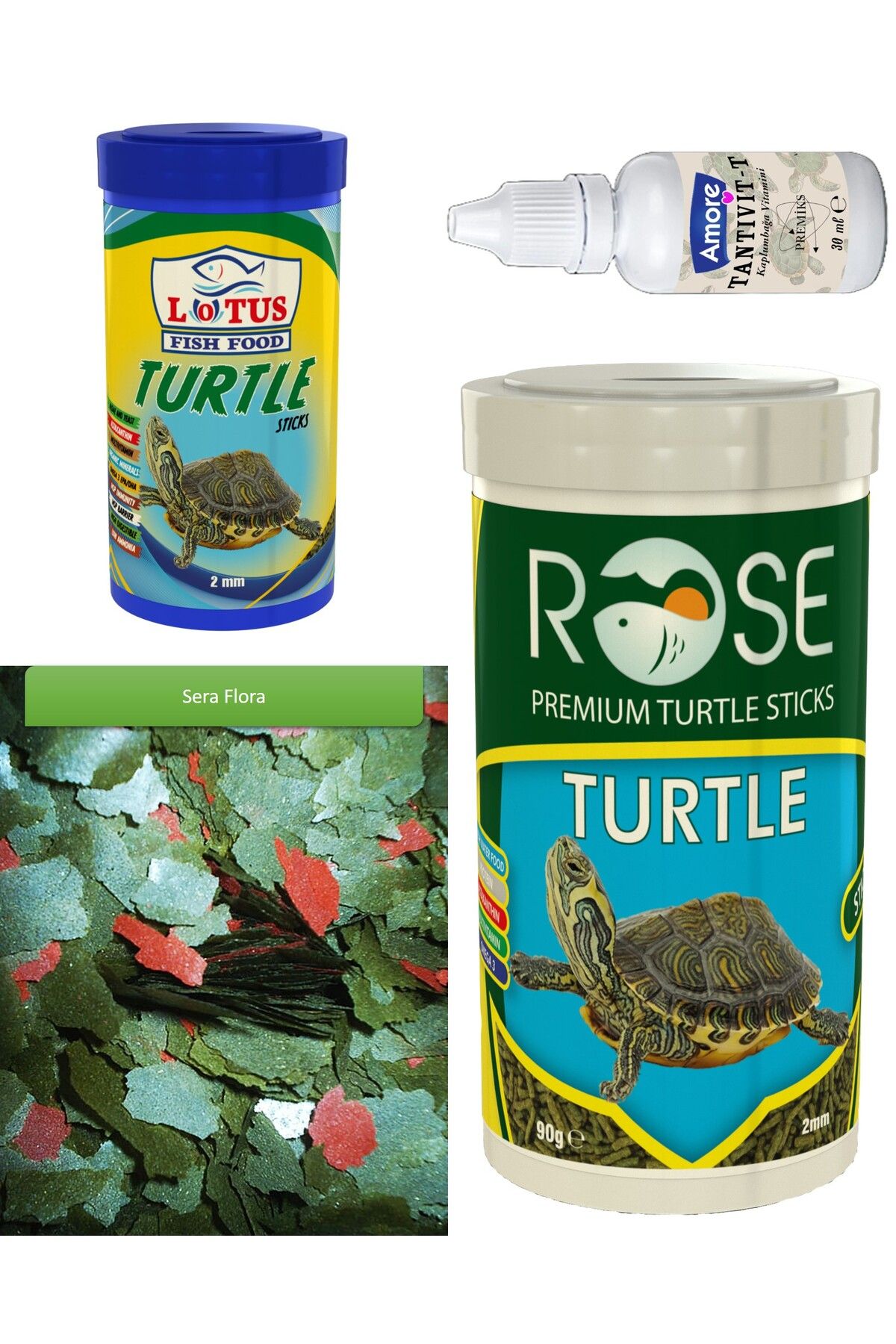 Rose Turtle Green Sticks 250ml, Sera Flora 30gr Pul, Lotus 100ml Su Kaplumbagasi Yuzen Yemi, Multivitamin