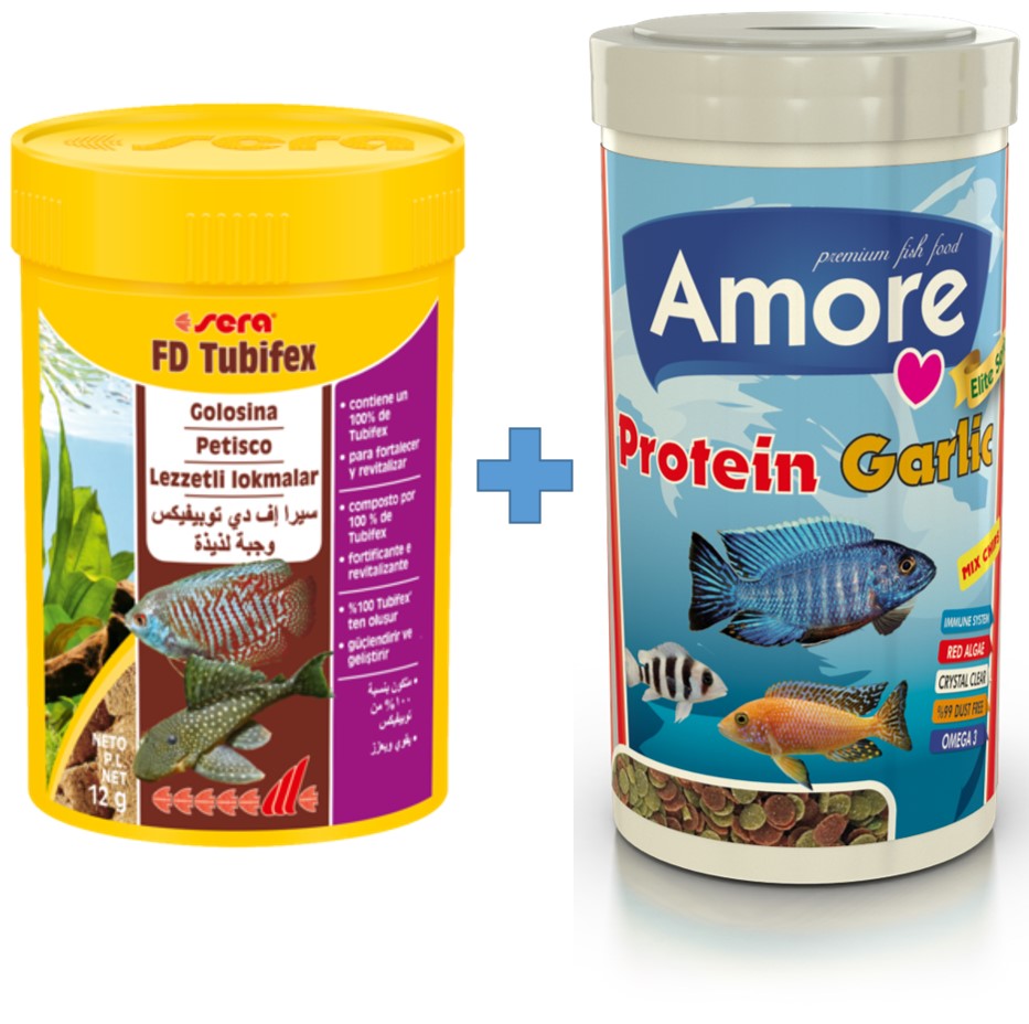 FD Tubifex Kan Kurdu 100 ml ve Amore Protein Garlic 250 ml Protein Sarımsak Balık Yemi