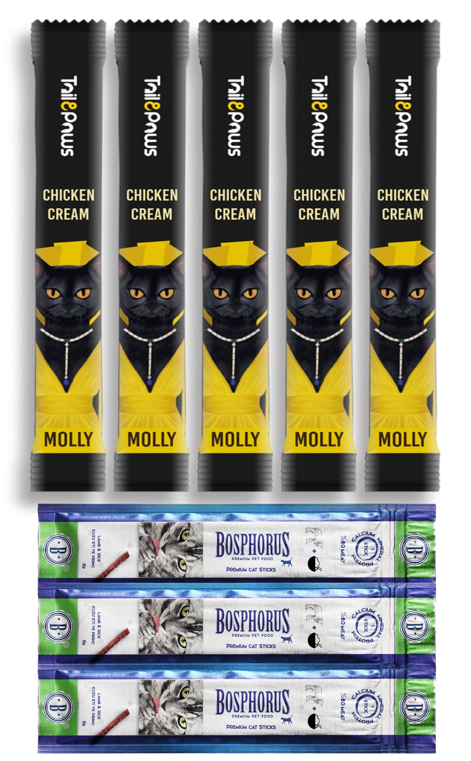 Tail paws Molly Tavuklu Krema Sıvı Kedi Ödülü 5x15gr ve 1 adet Bosphorus 1 adet 3lü Sticks