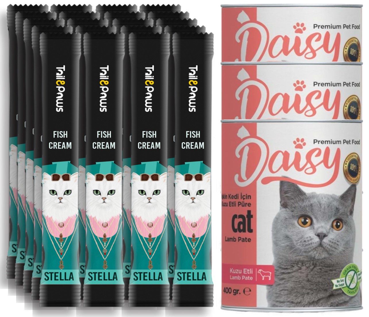 Tail Paws Stella Somonlu Multi Vitamin Krema Sıvı Kedi ödülü Ve Daisy Konserve