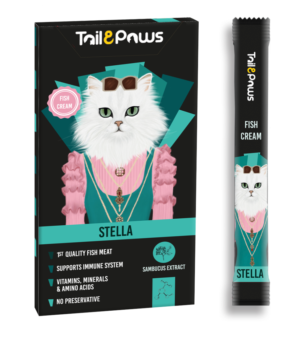 Tail paws Stella Somonlu Multi Vitamin Krema Sıvı Kedi Ödülü 25x15gr ve 3 Konserve