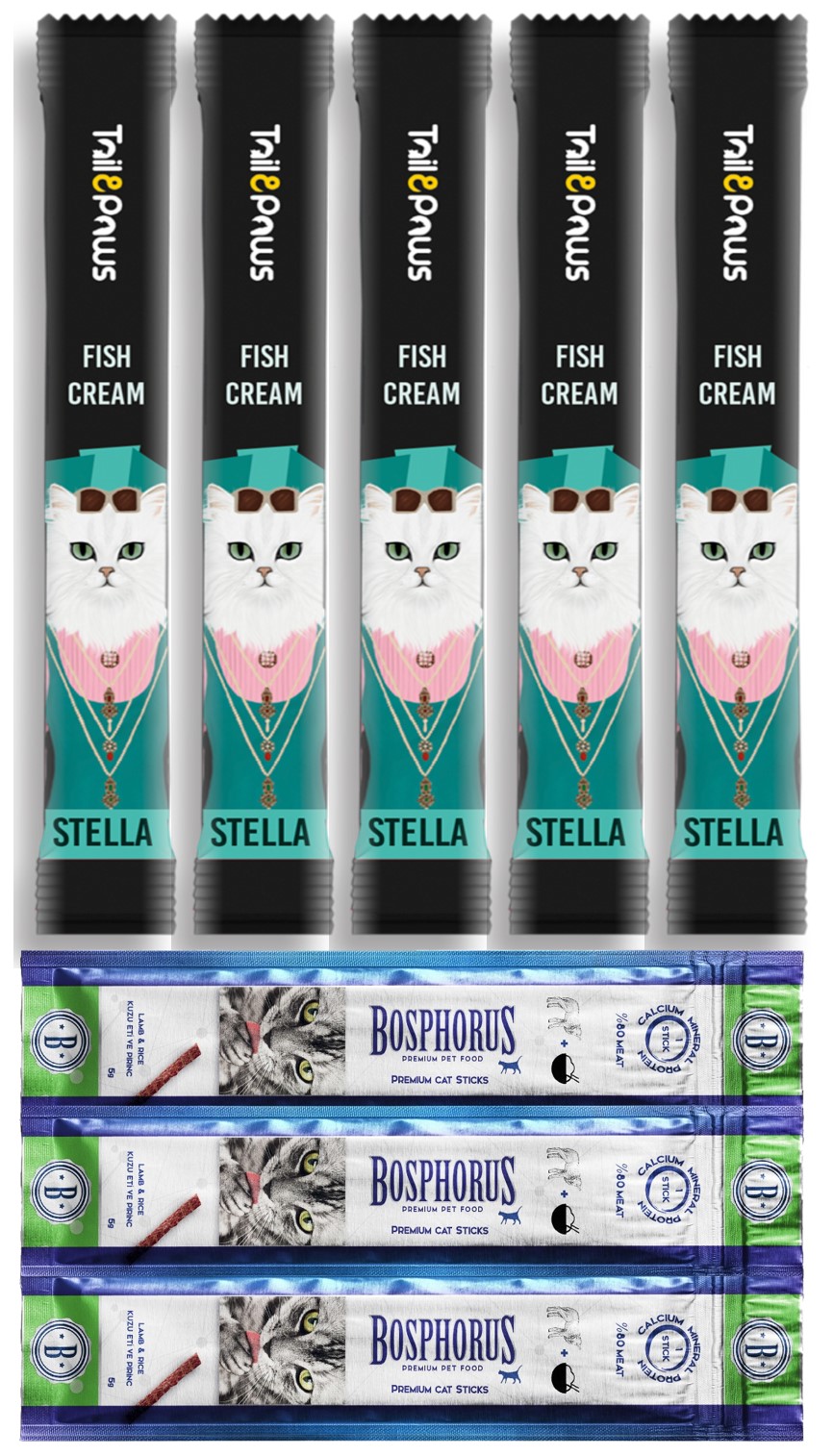 Tail paws Stella Somonlu Multi Vitamin Krema Sıvı Kedi Ödülü 5x15gr ve 1 adet 3lü Sticks