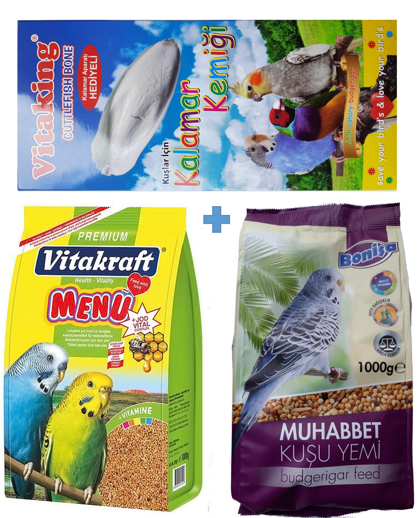 Muhabbet Menu Jod Vital 1 Kg + Bonisa 1 Kg Kuş Yemi + Vitaking Extra Kalsiyum Deposu Kalamar Kemiği