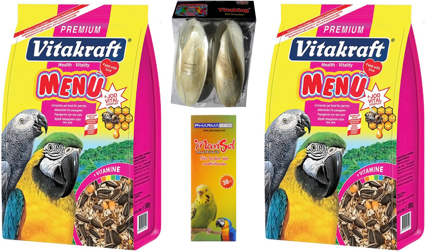 Vitakraft Vitakraft Papağan Yemi 2x1000g + Multivit + Mürekkep Balığı Kalamar Kemiği 30g