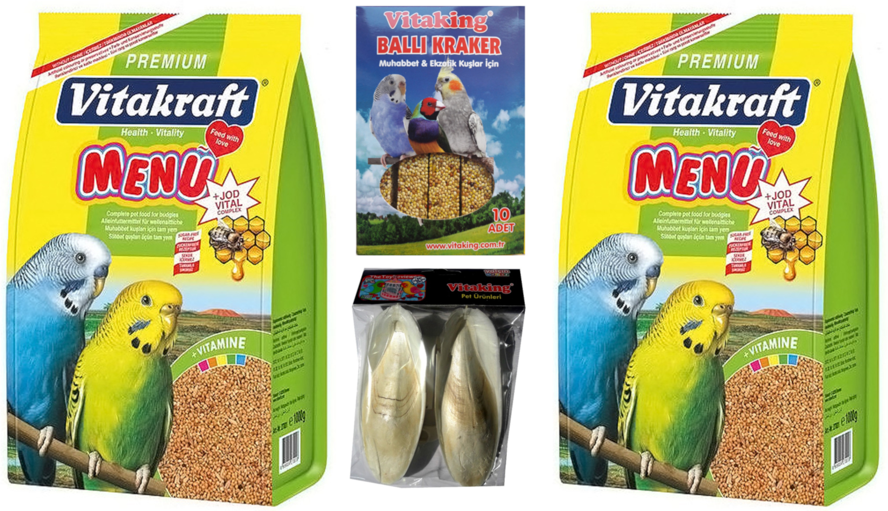 Vitakraft Premium Menü Muhabbet Yemi 2x1000 Gr + Vitaking 10lu Kraker + Mürekkep Balığı Kalamar Kemiği 30 g